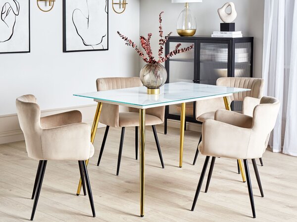 Jedálenský stôl biely mramorový efekt doska z tvrdeného skla 120 x 70 cm zlaté kovové nohy lesklý povrch obdĺžnikový glamour