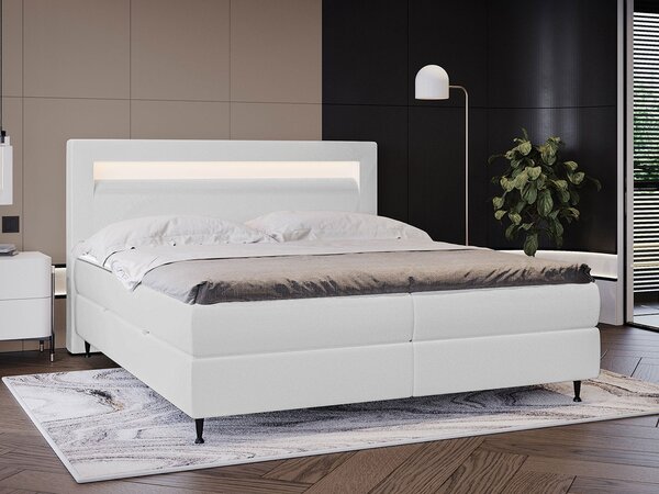 Hotelová posteľ s LED osvetlením 160x200 ORLANDO - biela ekokoža + topper ZDARMA