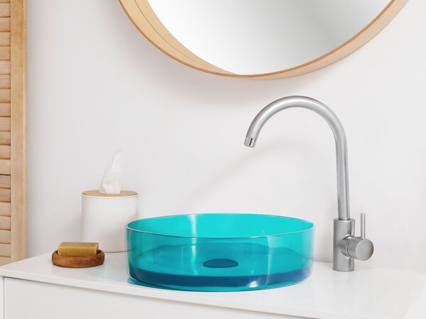 Umývadlo na dosku tyrkysové priehľadné z materiálu solid surface 36 cm okrúhle do kúpeľne