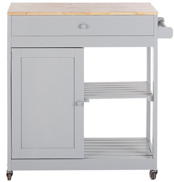 Kuchynský vozík sivý MDF kaučukové drevo 75 x 43 x 87 cm skrinka vešiak na uteráky 2 police zásuvka na príbor