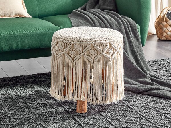 Taburet béžový bavlnený ručne vyrobená podnožka makramé sedadlo drevené nohy boho štýl