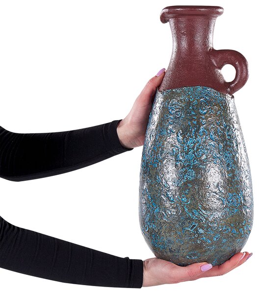 Dekoratívna váza modrá a hnedá terakota 40 cm ručne maľovaná retro vintage dizajn