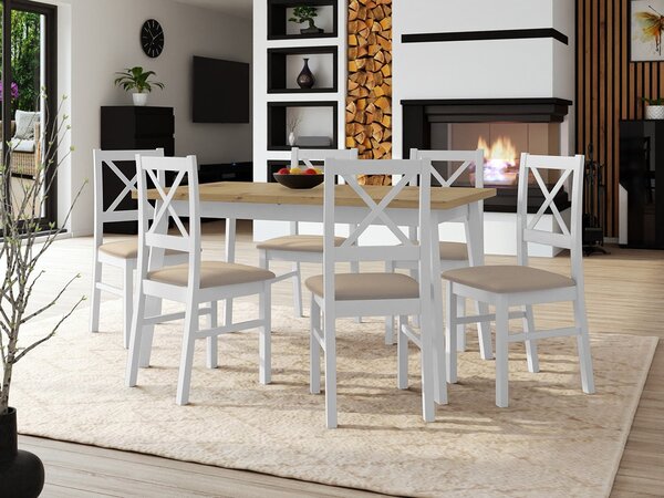 Rozkladací jedálenský stôl so 6 stoličkami SILLE 2 - dub artisan / biely / béžový