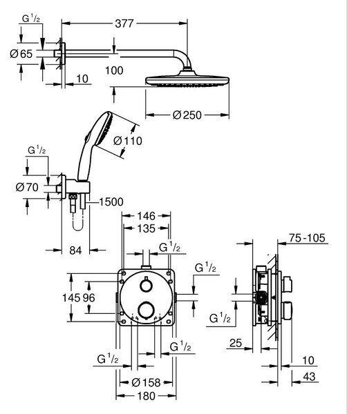 GROHE Precision Thermostat - Podomietkový sprchový systém s Vitalio Start 250, čierna matná 348832430