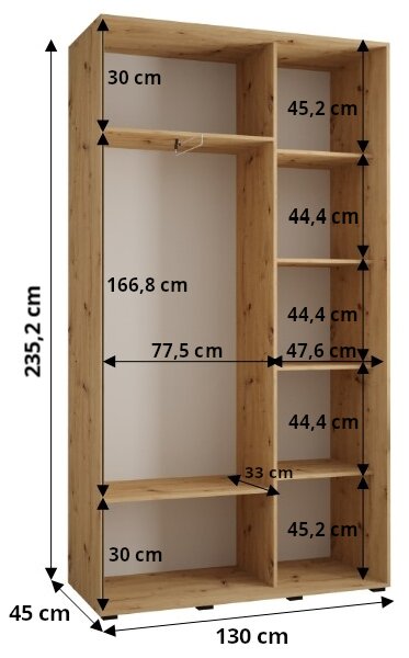 Šatníková skriňa ASIRI 1 - 130/45 cm, dub artisan / biela / strieborná