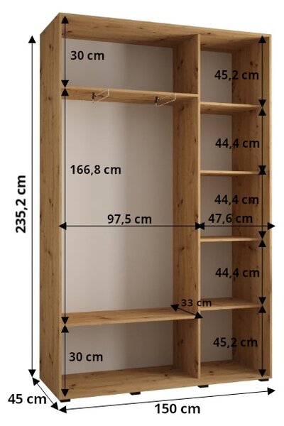 Šatníková skriňa ASIRI 1 - 150/45 cm, biela / strieborná