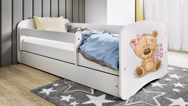 Kocot kids Detská posteľ Babydreams medveď s kvetmi biela, variant 70x140, se šuplíky, s matrací