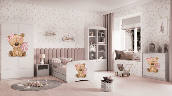 Kocot kids Detská posteľ Babydreams medveď s kvetmi biela, variant 70x140, se šuplíky, s matrací