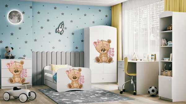 Kocot kids Detská posteľ Babydreams medveď s kvetmi biela, variant 70x140, se šuplíky, s matrací