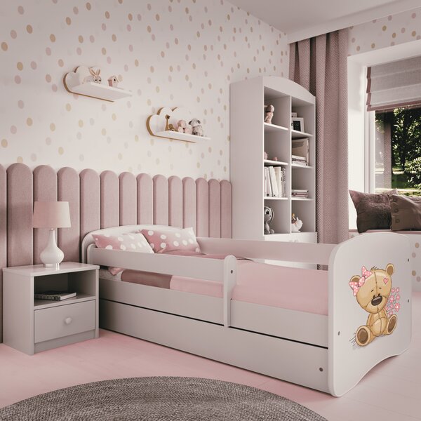 Kocot kids Detská posteľ Babydreams medveď s kvetmi biela, variant 70x140, se šuplíky, s matrací