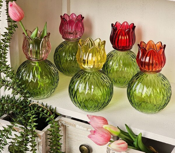 5ks farebný mix sklenený svietnik / váza tulipán Love Tulip - Ø 11*17 cm - daan kromhout