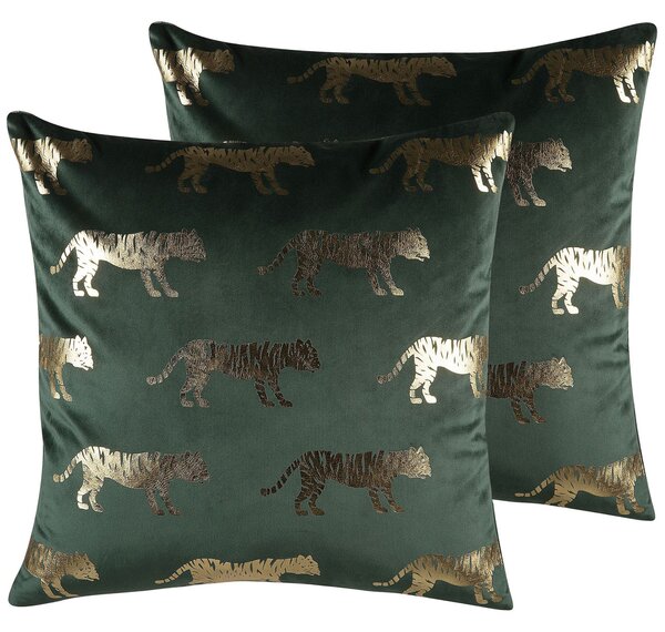 Sada 2 dekoratívnych vankúšov zelený zamat 45 x 45 cm zlatá potlač s motívom tigra glamour bytové doplnky