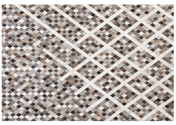 Koberec sivý a hnedý kožený 160 x 230 cm obdĺžnikový s geometrickým vzorom krátky vlas