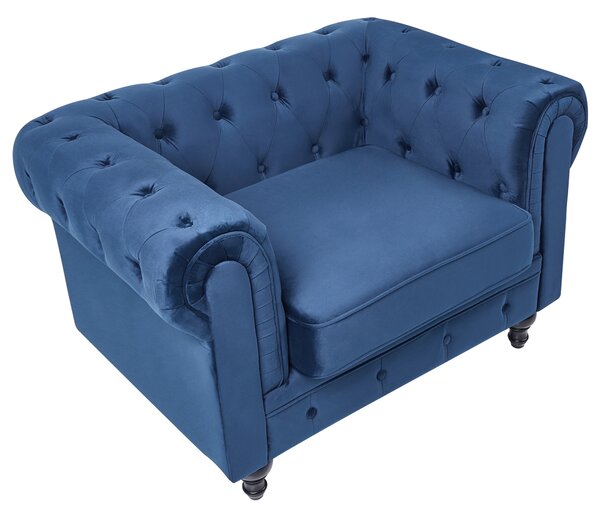 Kreslo chesterfield modré zamatové čalúnené nízke prešívané operadlo tmavé drevené nohy moderné