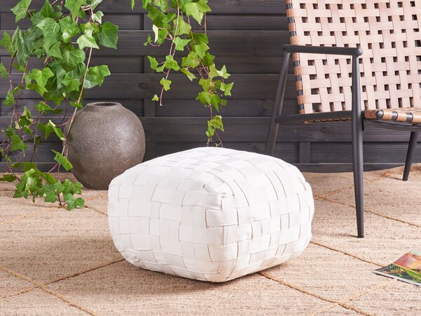 Záhradný taburet krémová biela syntetický materiál 50 x 50 cm štvorcový tvar pletený ručná výroba puf podnožka boho štýl interiér exteriér