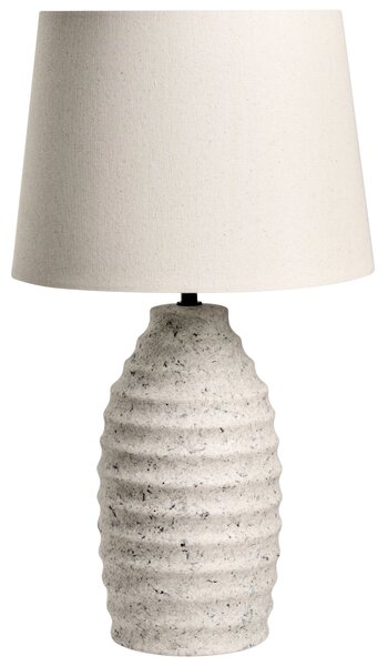 Stolná lampa krémová biela keramický podstavec s kamenným vzhľadom ľanové tienidlo škandinávsky štýl obývacia izba spálňa