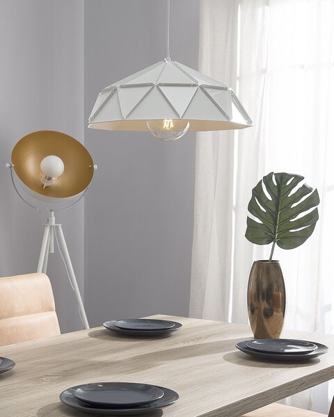 Závesná lampa biela kov geometrický tvar na 1 žiarovku osvetlenie moderný industriálny štýl kuchyňa jedáleň obývačka