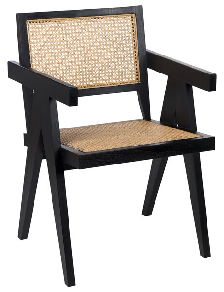 Stolička čierna svetlé drevo mahagón ratan sedadlo a operadlo s viedenským výpletom minimalistický dizajn obývačka jedáleň