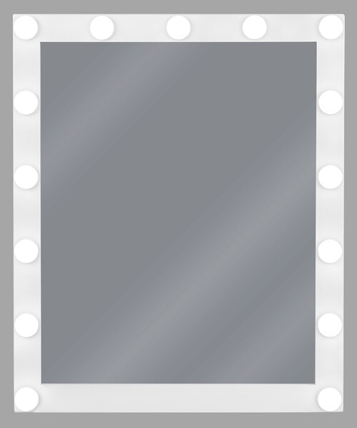 Nástenné kozmetické zrkadlo s LED svetlom biele 50 x 60 cm obdĺžnikový tvar hollywoodske so žiarovkami toaletný stolík glamour štýl