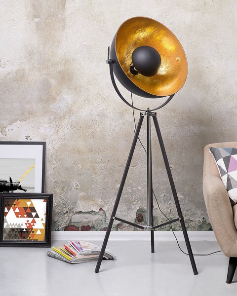 Stojaca lampa čierna a zlatá kovová 165 cm nastaviteľné tienidlo trojnohý podstavec industriálny dizajn