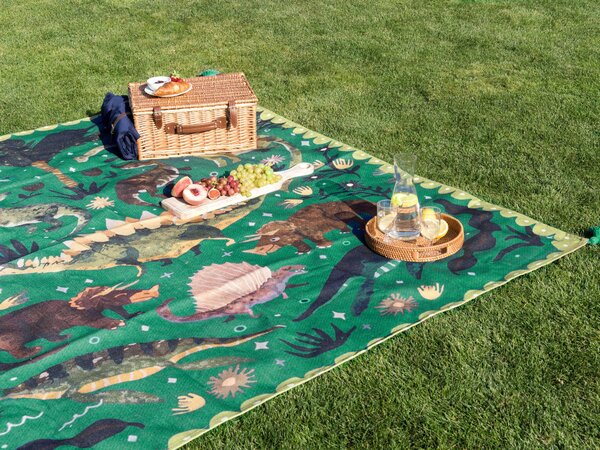 Pikniková deka zelená polyester 200 x 200 cm ručná výroba so strapcami zvierací vzor motív dinosaurov moderný štýl záhrada exteriér