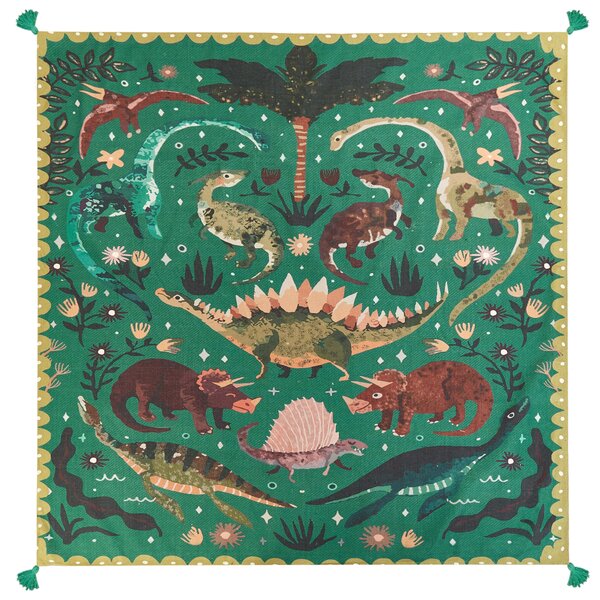 Pikniková deka zelená polyester 200 x 200 cm ručná výroba so strapcami zvierací vzor motív dinosaurov moderný štýl záhrada exteriér