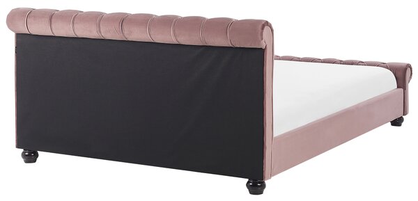 Posteľ ružová zamatová čalúnená 180 x 200 cm čierne drevené nohy glamour štýl spálňa