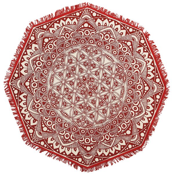 Koberec červená biela bavlna ø 120 cm orientálny vzor so strapcami okrúhly tvar ručná výroba moderný boho štýl obývačka spálňa