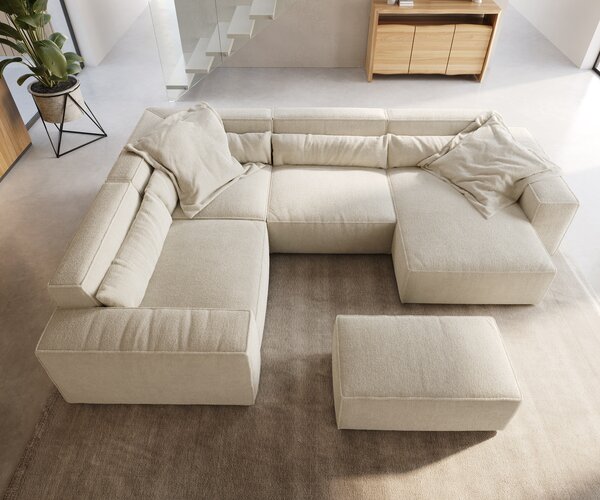 DELIFE Pohovka v tvare "U" Sirpio 300x210 cm bouclé bielo-krémová ležadlo variabilné s taburetom