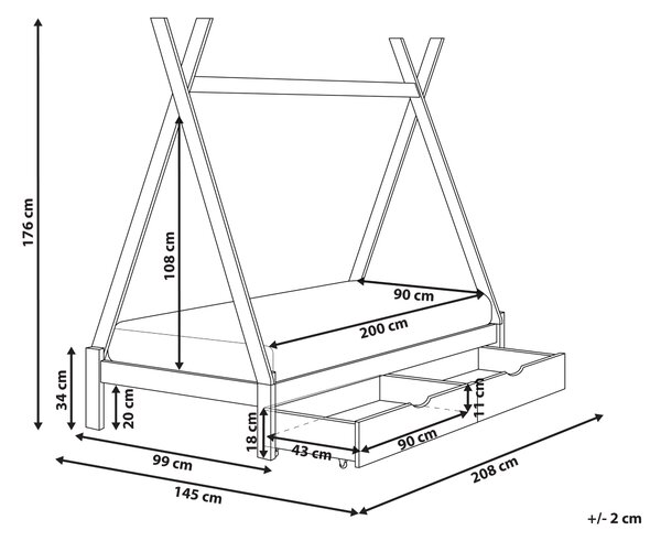 Detská posteľ teepee biela borovicové drevo 90 x 200 cm jednolôžko pre deti lamelový rám postele so zásuvkami