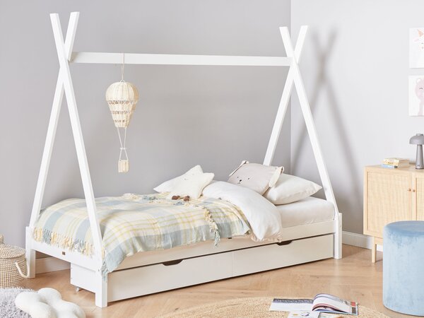 Detská posteľ teepee biela borovicové drevo 90 x 200 cm jednolôžko pre deti lamelový rám postele so zásuvkami
