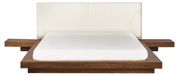 Posteľ v japonskom štýle hnedý jaseň 160 x 200 cm nízky drevený rám postele z MDF buklé čelo nočné stolíky LED osvetlenie