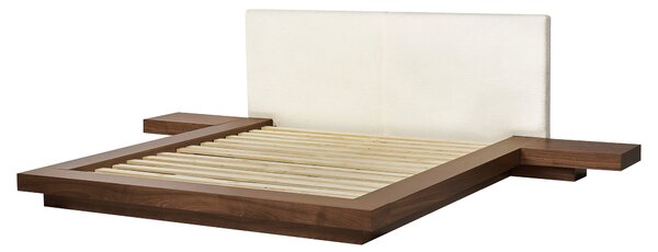 Posteľ v japonskom štýle hnedý jaseň 160 x 200 cm nízky drevený rám postele z MDF buklé čelo nočné stolíky LED osvetlenie