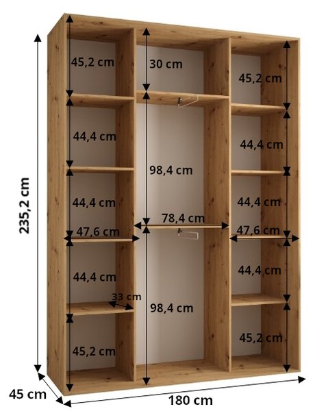 Šatníková skriňa ASIRI 13 - 180/45 cm, čierna / biela / strieborná