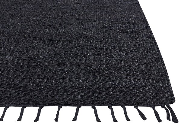 Koberec čierny juta 200 x 300 cm obdĺžnikový s ozdobnými strapcami ručne tkaný boho štýl
