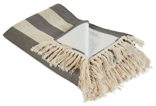 Pikniková deka béžová sivá polyester 200 x 200 cm ručná výroba so strapcami pásikavý vzor moderný boho štýl záhrada exteriér