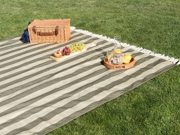 Pikniková deka béžová sivá polyester 200 x 200 cm ručná výroba so strapcami pásikavý vzor moderný boho štýl záhrada exteriér