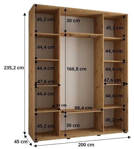 Šatníková skriňa ASIRI 4 - 200/45 cm, dub artisan / čierna