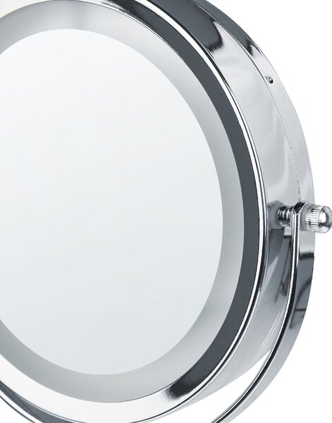 Kozmetické zrkadlo strieborná biela železný kovový rám ø 20 cm keramický stojan s LED svetlom 1x/5x zväčšovacie sklo obojstranné