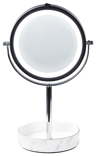 Kozmetické zrkadlo strieborná biela železný kovový rám ø 20 cm keramický stojan s LED svetlom 1x/5x zväčšovacie sklo obojstranné