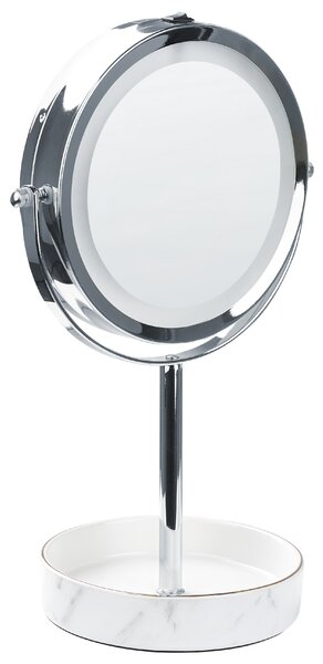 Kozmetické zrkadlo strieborná biela železný kovový rám ø 20 cm keramický stojan s LED svetlom 1x/5x zväčšovacie sklo obojstranné