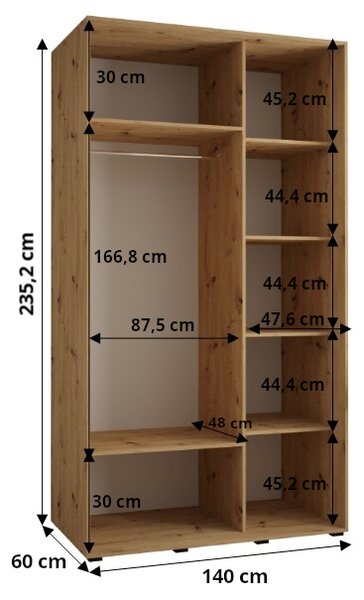 Šatníková skriňa ASIRI 13 - 140/60 cm, biela / čierna / strieborná