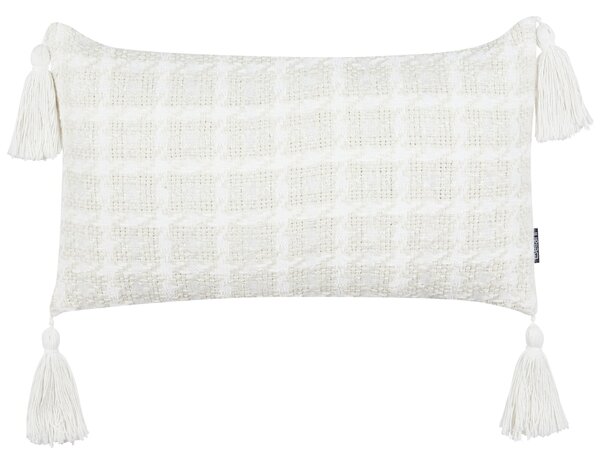 Dekoratívny vankúš béžová tkanina 30 x 60 cm károvaný vzor obliečky so strapcami textil doplnky