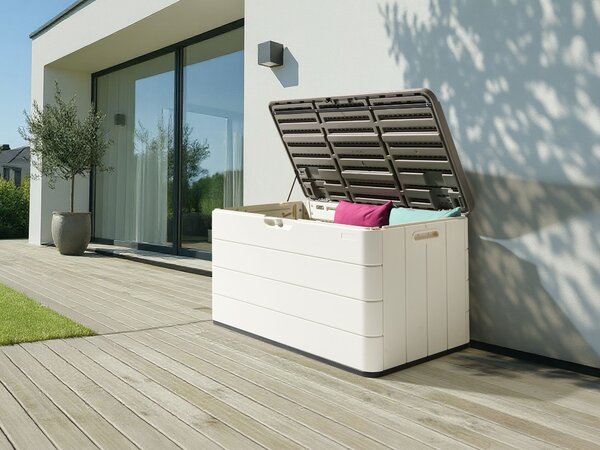 Záhradný úložný box biely plast 116 x 60 cm s držadlami na vonkajšie textílie exteriér