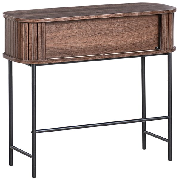 Konzolový stôl tmavohnedý čierne nohy MDF kov 80 x 30 cm retro štýl posuvné dvierka obývacia izba