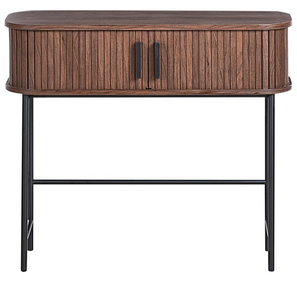 Konzolový stôl tmavohnedý čierne nohy MDF kov 80 x 30 cm retro štýl posuvné dvierka obývacia izba