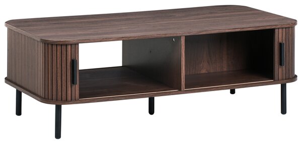 Konferenčný stolík tmavohnedý čierne nohy MDF kov 120 x 60 retro štýl posuvné dvierka úložný priestor obývacia izba