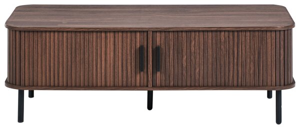 Konferenčný stolík tmavohnedý čierne nohy MDF kov 120 x 60 retro štýl posuvné dvierka úložný priestor obývacia izba