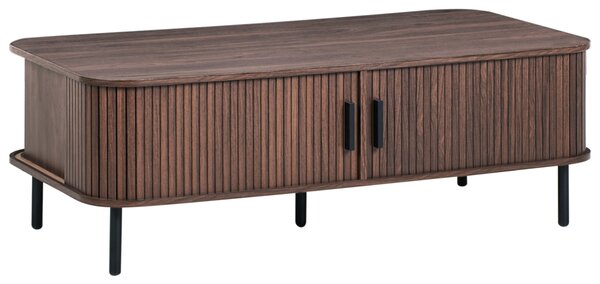 Konferenčný stolík tmavohnedý čierne nohy MDF kov 120 x 60 retro štýl posuvné dvierka úložný priestor obývacia izba