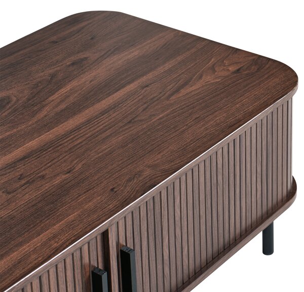 Konferenčný stolík tmavohnedý čierne nohy MDF kov 120 x 60 retro štýl posuvné dvierka úložný priestor obývacia izba
